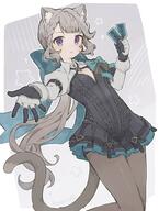 1girl animal_ears aqua_bow aqua_bowtie black_gloves black_leotard black_skirt bow bowtie braid brown_pantyhose card cat_ears cat_girl cat_tail collared_shirt commentary_request expressionless genshin_impact genshinimpact gloves grey_hair hair_bow holding holding_card juliet_sleeves komerina leotard long_hair long_sleeves looking_at_viewer low_ponytail lynette lynette_(genshin_impact) offering_hand pantyhose pixiv_46595500 ponytail puffy_sleeves purple_eyes reaching reaching_towards_viewer sensitive shirt sidelocks skirt solo tail user_xvpe5827 very_long_hair white_shirt こめりな リネット(原神) リネットちゃん 原神 原神1000users入り // 1735x2296 // 933.3KB