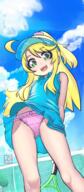1girl 2 2025 2d_art 3 absurdres ahoge antipopper arms_behind_back blonde_hair blue_dress blush blush_stickers cap dress elementary elementary_(lolipope) female female_focus flat_chest frilled_panties frills from_below green_eyes happy highres himesaka_noa holding holding_tennis_racket legs loli long_hair looking_at_viewer looking_down low-angle_view noa open_mouth panties pantyshot pink_panties pixiv_126704524 pixiv_13848971 ponytail questionable racket sensitive signature skirt skirt_lift smile solo sportswear standing sunlight teeth tennis_court tennis_net tennis_racket tennis_uniform thighs tied_hair underwear upper_teeth_only visor_cap watashi_ni_tenshi_ga_maiorita! wind wind_lift younger_female // 1504x3421 // 6.7MB