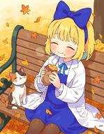 1girl autumn_leaves baked_potato bench blonde_hair blue_bow blue_dress blue_ribbon blush bow brown_pantyhose cat closed_eyes closed_mouth coat collared_shirt commentary_request dress eating food food_on_face general hair_bow high-waist_skirt holding holding_food layered_sleeves leaf long_sleeves maple_leaf onyhakase original outdoors pantyhose park_bench ribbon shirt sitting skirt smile solo sweet_potato white_coat white_shirt // 850x1093 // 981.1KB