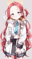 1girl blue_archive blush bow braid cowboy_shot forehead frown general hair_bow halo highres jacket long_hair long_sleeves looking_at_viewer messy_hair millennium_science_school_logo multicolored_jacket open_mouth orange_halo purple_eyes red_hair sabana school_uniform simple_background solo very_long_hair violet_eyes white_background white_bow white_jacket yuzu_(blue_archive) // 861x1556 // 201.1KB