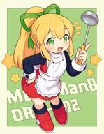 1girl apron blonde_hair boots dress frilled_apron frills full_body general green_background green_eyes green_ribbon hair_ribbon holding holding_ladle ladle long_hair long_sleeves mega_man_(classic) mega_man_(series) notice_lines onyhakase open_mouth ponytail red_boots red_dress ribbon roll_(mega_man) simple_background smile solo star_(symbol) white_apron // 700x900 // 425.8KB