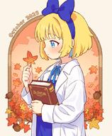 1girl autumn_leaves blonde_hair blue_bow blue_dress blue_eyes blue_hairband blue_ribbon book bow bow_hairband closed_mouth coat dress from_side general hair_bow hairband holding holding_book holding_leaf leaf long_sleeves maple_leaf neck_ribbon onyhakase original pinafore_dress ribbon shirt short_hair sleeveless sleeveless_dress solo white_coat white_shirt // 850x1032 // 651.0KB