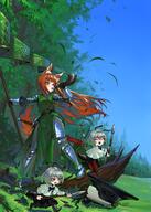 3girls 6+boys absurdres animal_ears ant_girl antennae armor arrow_(projectile) arthropod_girl banner beast_ears belt black_skirt blowing_horn blue_sky blush chibi cloak commentary day english_commentary fanart fangs fantasy field forest fox_ears fox_girl fox_tail gauntlets gemi_ningen geminingen2875 girl gothic_plate_armor grass green_cloak green_tabard grey_hair helmet highres holding holding_shield horn_(instrument) knight kurin_(rimworld) mantle multiple_boys multiple_girls nature orange_hair original pennant pine_tree plate_armor polearm reinforcement rimworld robot science_fiction scyther_(rimworld) shield shield_wall skirt sky spear standing sword tabard tail tree weapon yellow_eyes ファンアート ファンタジー 女の子 獣耳 騎士 // 2000x2800 // 6.2MB