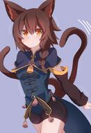 1girl animal_ear_fluff animal_ears black_capelet black_shorts black_sleeves blue_shirt blush braid brown_hair capelet cat_ears cat_girl cat_tail commentary_request facial_mark hair_between_eyes long_sleeves looking_at_viewer motion_lines multiple_tails ocha_no_mae orange_eyes original purple_background sensitive shirt short_shorts shorts simple_background single_braid sleeves_past_wrists solo tail two_tails whisker_markings // 1258x1841 // 201.3KB