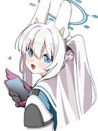 1girl animal_ear_headwear animal_ears black_gloves blue_archive blue_eyes blue_halo blue_shirt blush braid bunny_ears cellphone commentary_request d fake_animal_ears female from_behind from_side general gloves hair_between_eyes halo headgear headset heart holding holding_phone loah_66 long_hair long_sideburns looking_at_viewer miyako_(blue_archive) one_side_up open_mouth phone pink_gloves rabbit_ears sailor_collar school_uniform shirt sideburns sidelocks simple_background smartphone smile solo tied_hair turning_head two-tone_gloves uniform upper_body white_background white_hair white_sailor_collar // 1650x2200 // 315.3KB