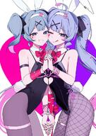 2girls ahoge animal_ears aqua_hair armband artist_collaboration bare_shoulders black_leotard black_pantyhose blue_eyes blue_hair blunt_bangs blush borrowed_design bound bound_wrists bow bowtie breast_press channel_(caststation) clone clothing_cutout collaboration commentary cowboy_shot cuffs detached_collar double-parted_bangs dual_persona fake_animal_ears fake_tail fishnet_pantyhose fishnets flat_chest furrowed_brow grin hair_ornament hairband handcuffs hatsune_miku heart heart_ahoge heart_background heart_hairband holding_hands leotard long_hair looking_at_viewer medium_hair miku_day multiple_girls omutatsu one_eye_closed pantyhose pink_pupils playboy_bunny pure_pure_(rabbit_hole) rabbit_ears rabbit_hair_ornament rabbit_hole_(vocaloid) rabbit_tail red_bow red_bowtie red_ribbon ribbon sensitive shared_handcuffs side-by-side smile squinting stomach_cutout symmetrical_docking tail tanosii_chan teardrop_facial_mark tongue tongue_out twintails vocaloid wrist_ribbon x_hair_ornament x_x // 848x1199 // 195.6KB