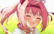 1girl blush closed_eyes d floating_hair hair_intakes hairband haru_urara_(bestest_prize)_(umamusume) haru_urara_(umamusume) highres long_hair pink_hair ponytail portrait profnote red_hairband smile solo umamusume // 1938x1200 // 4.7MB