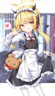 1girl alternate_costume apron black_dress blonde_hair blue_archive blush demon_girl demon_horns demon_tail demon_wings dress enmaided frilled_dress frills general hair_between_eyes halo hand_up heart highres horns ibuki_(blue_archive) indoors long_hair looking_at_viewer maid q sabana shirt smile solo spoken_heart standing tail tongue tongue_out twintails v v_over_eye waist_apron white_apron white_shirt wings yellow_eyes yellow_halo // 900x1577 // 1.2MB
