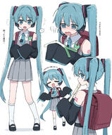 1girl ? absurdres aged_down alternate_costume aqua_eyes aqua_hair aqua_necktie backpack bag belt black_belt black_footwear black_sleeves blush channel_(_caststation) channel_(caststation) chibi chibi_inset closed_eyes collared_shirt commentary crime_prevention_buzzer crying d dancing detached_sleeves dress flute general grey_dress hair_ornament hatsune_miku headphones headset highres holding holding_flute holding_instrument instrument kneehighs kyoufuu_all_back_(vocaloid) long_hair long_sleeves looking_at_food looking_at_viewer mary_janes md5_mismatch multiple_views music necktie number_tattoo open_mouth playing_instrument pleated_dress randoseru recorder red_bag school_uniform shirt shoes shoulder_tattoo shukusei!!_loli-kami_requiem sleeveless sleeveless_shirt sleeves_past_fingers sleeves_past_wrists smile socks source_mismatch spoken_question_mark spring_onion streaming_tears striped_clothes striped_socks tattoo tears translated translation_request twintails vocaloid white_shirt white_socks // 2244x2716 // 1.9MB