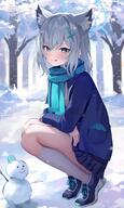 1girl animal_ear_fluff animal_ears aqua_eyes aqua_halo aqua_scarf blue_archive blue_skirt blue_sweater blush closed_mouth commentary_request cross cross_hair_ornament day forest from_side grey_hair hair_between_eyes hair_ornament halo inverted_cross kneehighs licking_lips long_bangs long_hair long_sleeves looking_at_viewer looking_to_the_side miniskirt nature outdoors plaid_clothes plaid_skirt pleated_skirt q safe scarf school_uniform sensitive shiroko_(blue_archive) shuvi_(shuvi1125) simple_background skirt snow snowman socks squatting sweater tongue tongue_out turning_head white_socks winter winter_uniform // 1440x2400 // 353.6KB