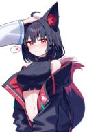 2girls ahoge animal_ear_fluff animal_ears black_hair black_jacket black_shirt blush braid breasts commentary_request crop_top cropped_shirt deaver fox_ears fox_girl fox_tail headpat heart hololive hood hooded_jacket jacket kurokami_fubuki long_hair looking_at_viewer medium_breasts midriff multicolored_hair multiple_girls navel off_shoulder red_eyes red_hair red_streaks sensitive shirakami_fubuki shirakami_fubuki_(1st_costume) shirt side_braid simple_background single_braid sleeveless sleeveless_shirt solo_focus spoken_heart streaked_hair tail tail_wagging virtual_youtuber white_background // 2641x3998 // 1.4MB