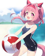 1girl animal_ears animal_tail anime-pictures.net ball bandaid bandaid_on_arm bandaid_on_leg beach beachball blue_swimsuit blush bow breasts child_(isoliya) cloud cloud_(clouds) clouds cloudy_sky commentary cowboy_shot d eyebrows_visible_through_hair girl hair_bow hair_intakes hairband haru_urara_(umamusume) holding holding_ball horse_ears horse_girl horse_tail long_hair looking_at_viewer looking_away one-piece_swimsuit open_mouth outdoors pink_eyes pink_hair ponytail red_hairband safe school_swimsuit sea single sky small_breasts smile solo sweat swimsuit swimsuits tail tall_image uma_musume_pretty_derby umamusume upper_teeth white_bow // 2000x2454 // 2.0MB