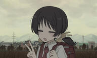 1girl backpack bag black_hair blush building bush channel_(caststation) clenched_hand closed_eyes cloud clouds cloudy_sky collared_shirt gelbooru_11774239 general highres kaai_yuki kyoufuu_all_back_(vocaloid) medium_hair mountain necktie open_mouth ponytail portrait power_lines radio_tower randoseru red_bag red_necktie school_uniform shirt sky subchannelchan tree twitter.com v vocaloid white_shirt // 3000x1775 // 1.1MB