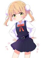 1girl belt belt_buckle black_belt blonde_hair blue_dress blush bow bowtie buckle cowboy_shot dress general green_eyes hair_ornament hands_on_own_hips indie_virtual_youtuber long_sleeves looking_at_viewer medium_hair motion_lines nanami_ayane_(kusunoki5050) pleated_skirt pom_pom_(clothes) pom_pom_hair_ornament red_bow red_bowtie school_uniform shigure_ui_(vtuber) shigure_ui_(vtuber)_(young) shirt sidelocks simple_background skirt solo twintails virtual_youtuber white_background white_shirt // 1450x2048 // 187.9KB