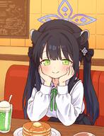 1girl animal_ears black_hair blue_archive blush food general green_eyes halo long_hair onyhakase pancake shun_(blue_archive) shun_(small)_(blue_archive) smile solo // 850x1112 // 1004.0KB