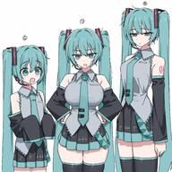 (clothes) big_breasts black_armwear black_legwear caststation collar detached_sleeves exposed_shoulders fanart female gray_top hair hair_clip hand_on_hip hatsune_miku hatsune_miku_(default_outfit) headset_microphone long_skirt microphone multiple_persona ornament pleated pleated_skirt point_collar skirt sleeveless_top tie tie_clip top trio twin_tails unusual_hair_ornament very_long_hair vocaloid wide_sleeves // 3600x3600 // 1.9MB