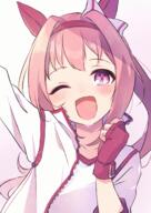 animal_ears blush bow ear_bow ear_covers fingerless_gloves flower-shaped_pupils flower_in_eye general gloves haru_urara_(bestest_prize)_(umamusume) haru_urara_(umamusume) headband highres horse_ears horse_girl pink_headband portrait potarou_pomi red_gloves red_headband smile sweat symbol-shaped_pupils symbol_in_eye umamusume // 1254x1771 // 1.4MB