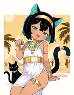 1girl ancient_egyptian ancient_egyptian_clothes animal_ear_fluff animal_ears ankh aqua_eyes aqua_hair armlet black_cat black_hair blue_nails blunt_ends bracelet cactus cat cat_ears cat_girl cat_tail colored_inner_hair commentary dark-skinned_female dark_skin desert dress fang flat_chest gold_armlet gold_bracelet gold_hairband gold_thighlet hairband jewelry looking_at_viewer multicolored_hair nail_polish onyhakase open_mouth original palm_tree paw_pose pyramid_(structure) ring sensitive short_hair sitting solo sun symbol-only_commentary tail thighlet tongue tongue_out tree two-tone_hair usekh_collar white_dress // 700x900 // 452.5KB