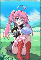 ahoge armored_boots bad_id bad_pixiv_id black_nails black_skirt blue_eyes blue_sky boots collarbone commentary crop_top d day elementary_(lolipope) fangs general horizontal-striped_thighhighs long_hair milim_nava miniskirt nail_polish open_mouth outdoors pink_hair rimuru_tempest rimuru_tempest_(slime) sensitive single_thighhigh skirt sky slime_(creature) smile striped_clothes striped_thighhighs tensei_shitara_slime_datta_ken thigh_strap thighhighs twintails // 1997x2893 // 6.9MB