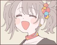 1girl beads black_border black_shirt blush_stickers border bow choker closed_eyes collarbone ear_piercing general grey_background grey_hair hair_bow hair_ornament highres mole mole_under_eye namori open_mouth original piercing red_choker shirt simple_background smile solo star_(symbol) star_hair_ornament twintails wavy_hair // 2104x1663 // 298.6KB