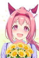 1girl absurdres animal_ears bow bowtie ear_bow ear_covers flower flower_in_eye gradient_background hair_intakes haru_urara_(umamusume) headband highres horse_ears horse_girl horseshoe_ornament lansulynn long_hair looking_at_viewer open_mouth pink_hair purple_bow purple_bowtie purple_shirt red_headband school_uniform shirt smile solo symbol_in_eye tracen_school_uniform umamusume white_bow yellow_flower // 1948x2891 // 6.6MB