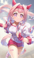 1girl animal_ears bandaid bandaid_on_leg closed_mouth commentary_request fingerless_gloves gloves gym_uniform hairband haru_urara_(umamusume) hatsuga_(dmaigmai) hatuganookome horse_ears horse_girl horse_tail jacket long_hair looking_at_viewer pink_hair purple_eyes red_gloves red_hairband red_shorts running safe shorts solo sweat tail track_jacket uma_musume_pretty_derby umamusume violet_eyes white_jacket zipper あばれる乳 はつが ウマ娘 ウマ娘プリティーダービー ウマ娘プリティーダービー1000users入り ウマ娘プリティーダービー5000users入り ジャーブル ハルウララ(ウマ娘) ハルウララちゃん ブルマ 体育着 女の子 疾走感 着衣巨乳 駆ける!ウマ娘! // 4500x7500 // 15.4MB