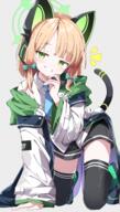 1girl all_fours animal_ears bent_over black_shorts blonde_hair blue_archive blue_bow blue_necktie blush bow cat_ears cat_tail commentary_request from_below full_body general green_eyes green_halo grin hair_bow halo hand_on_own_cheek hand_on_own_face hand_up highres jacket kneeling long_hair looking_at_viewer looking_down midori_(blue_archive) necktie open_clothes open_jacket pixiv_19098713 sabana shirt short_shorts shorts smile smug solo tail thigh-highs thighhighs white_jacket white_shirt ミドリ差分（通常、マイクロビキニ、裸） // 879x1546 // 936.2KB