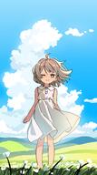 1girl 2025 ahoge blush brown_hair clothed dress female female_focus fully_clothed general legs loli looking_at_viewer mastodon_114297982891097208 mastodon_114298043424132587 mastodon_114304728994108502 mastodon_baraag.net one_eye_closed orenji orenjipiiru original outdoors sky smile solo standing thighs white_dress wind wind_lift wysteria // 2152x3855 // 3.7MB