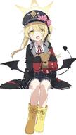 1girl armband asymmetrical_hair black_coat black_headwear black_ribbon black_tail black_wings blonde_hair blue_archive blush boots bow bowtie cap clothing coat collared_shirt commentary d demon_girl demon_horns demon_tail demon_wings dress ears female footwear frilled_skirt frills general halo hat hat_bow hat_ribbon headwear high_resolution holding holding_stuffed_toy horns ibuki_(blue_archive) invisible_chair jacket long_hair long_sleeves looking_at_viewer low_wings neck_ribbon oninome_tsuki open-mouth_smile open_clothes open_coat open_mouth oversized_clothes pandemonium_society_(blue_archive) peaked_cap pinafore_dress pink_bow pink_ribbon pleated_skirt pointed_ears pointy_ears ponytail portrait red_armband red_ribbon ribbon rubber_boots safe school_uniform shirt side_ponytail simple_background sitting skirt sleeveless sleeveless_dress sleeves_past_fingers sleeves_past_wrists smile solo stuffed_animal stuffed_toy tail tanga_ibuki teddy_bear tied_hair uniform very_high_resolution white_background white_shirt wings yellow_boots yellow_eyes yellow_footwear yellow_halo // 2161x3841 // 473.2KB