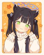 1girl animal_ears autumn_leaves black_hair blue_archive blue_halo blush closed_mouth commentary_request extra_ears general green_eyes halo hands_up holding holding_own_hair leaf long_hair looking_at_viewer onyhakase shun_(blue_archive) shun_(small)_(blue_archive) smile solo sweater upper_body very_long_hair white_sweater // 700x862 // 483.8KB