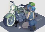 1girl blue_hair blue_shorts blue_tank_top can cup flat_cap green_hat hair_bobbles hair_ornament hat highres holding holding_wrench kawashiro_nitori looking_at_viewer looking_back minstrel_art motor_oil motor_vehicle motorcycle screw short_hair shorts smile solo tank_top tea teacup thick_thighs thighs touhou two_side_up wrench // 2819x1979 // 2.7MB