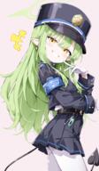 +++ 1girl armband black_hat black_jacket black_skirt blue_archive blue_armband commentary_request demon_girl demon_tail earrings general gloves green_hair green_halo grey_background grin halo hat highres hikari_(blue_archive) jacket jewelry long_hair looking_at_viewer miniskirt paid_reward_available pantyhose parted_lips peaked_cap pixiv_19098713 pleated_skirt pointy_ears sabana simple_background skirt smile solo tail teeth very_long_hair white_gloves white_pantyhose yellow_eyes ヒカリ差分（通常、マイクロビキニ、裸） // 900x1548 // 956.9KB