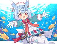 1girl animal_ears apron black_shorts blue_hair blush bow commentary d fish general genshin_impact gloves hat long_sleeves nurse_cap onyhakase open_mouth pantyhose reaching reaching_towards_viewer red_bow red_eyes short_hair short_shorts shorts sigewinne_(genshin_impact) smile solo underwater white_apron white_gloves white_hat white_pantyhose // 900x700 // 708.0KB