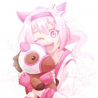 1girl animal_ears ariikamiyon bow brown_horse creature_and_personification ear_bow ear_covers fingerless_gloves flower-shaped_pupils flower_in_eye gloves hairband haru_urara_(bestest_prize)_(umamusume) haru_urara_(racehorse) haru_urara_(umamusume) headband highres holding holding_stuffed_toy horse horse_ears horse_girl horse_mask jacket long_hair looking_at_viewer mask one_eye_closed open_mouth personification pink_eyes pink_hair pink_headband ponytail real_life red_gloves red_headband shirt smile stuffed_animal stuffed_horse stuffed_toy symbol-shaped_pupils symbol_in_eye teeth umamusume upper_body upper_teeth_only white_jacket white_shirt // 2048x2048 // 530.1KB