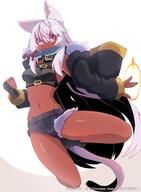 1girl animal_ear_fluff animal_ears black_footwear black_gloves black_jacket black_shorts boots breasts clenched_hand commentary_request cutoffs dark-skinned_female dark_skin fingerless_gloves full_body fur-trimmed_jacket fur_trim gloves grey_background grey_hair hair_between_eyes jacket knife_in_mouth long_hair looking_at_viewer medium_breasts mouth_hold navel ocha_no_mae open_clothes open_jacket original purple_eyes sensitive short_shorts shorts solo tail two-tone_background v-shaped_eyebrows very_long_hair white_background // 1760x2400 // 315.5KB