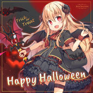 1girl bag bat_wings black_dress blonde_hair blush commentary_request curled_horns dress flat_chest fred04142 frilled_dress frills general happy_halloween highres holding holding_staff horns little_witch_nobeta long_hair looking_at_viewer nobeta official_art open_mouth red_eyes short_sleeves single_thighhigh smile solo staff thigh-highs thigh_strap thighhighs very_long_hair wings // 1500x1500 // 975.1KB