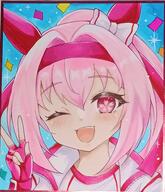 1girl ;d absurdres animal_ears blush bow commentary_request confetti ear_bow fingerless_gloves flower-shaped_pupils gloves gym_shirt hair_between_eyes hairband hand_up haru_urara_(bestest_prize)_(umamusume) haru_urara_(umamusume) highres horse_ears jacket looking_at_viewer one_eye_closed open_clothes open_jacket open_mouth photo_(medium) pink_hair ponytail purple_eyes purple_gloves purple_hairband shikishi shirt smile solo symbol-shaped_pupils terimuku track_jacket traditional_media umamusume v violet_eyes white_bow white_jacket white_shirt // 3512x4096 // 3.4MB