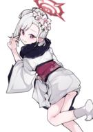 1 1girl 2d_art absurdres anc4008 blue_archive closed_mouth commentary_request flower from_behind grey_kimono hair_flower hair_ornament halo highres japanese_clothes kimono long_sleeves looking_at_viewer mutsuki_(blue_archive) mutsuki_(new_year)_(blue_archive) obi official_alternate_costume pearl.g.e pearlgang_e pixiv_120463480 pixiv_15153796 pointy_ears red_halo sash sensitive short_hair simple_background smile solo white_background white_flower ムツキちゃん🌞 // 2039x2894 // 2.8MB