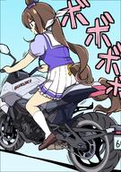 1girl admire_vega_(umamusume) animal_ears blue_background bow brown_hair brown_shoes clothing_cutout commentary ear_ornament general hair_bow highres horse_girl horse_tail horseshoe_ornament jacket kneehighs loafers long_hair low_ponytail motion_lines motor_vehicle motorcycle pleated_skirt ponytail puffy_short_sleeves puffy_sleeves purple_shirt riding sailor_collar sailor_shirt school_uniform shadow shirt shoes short_sleeves skirt socks solo summer_uniform suzuki_(company) tail tail_through_clothes tracen_school_uniform track_jacket umamusume vehicle_request very_long_hair wahiko_(black_bastard) white_bow white_sailor_collar white_shirt white_skirt // 1000x1421 // 232.6KB