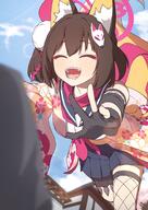 1girl animal_ears black_gloves blue_archive blue_sailor_collar blue_skirt blue_sky brown_hair building cherry_blossoms closed_eyes cloud clouds eyeshadow fangs fishnets fox_ears fox_girl fox_tail fuhao10708 general gloves hair_ornament halo hands_up izuna_(blue_archive) japanese_clothes kimono kunai leg_up makeup open_mouth pink_eyeshadow pink_halo pleated_skirt red_scarf running sailor_collar scarf shirt side_ponytail skirt sky tail thigh_strap tongue weapon white_shirt // 2894x4093 // 1.3MB