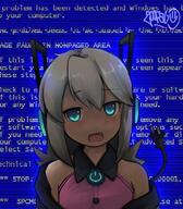 1girl blue_eyes blue_screen_of_death borrowed_character breasts fang gelbooru general grey_hair headgear light_blush long_hair looking_at_viewer off_shoulder open_mouth original pink_shirt power_cord power_symbol scanlines shirt sidelocks signature sleeveless sleeveless_shirt small_breasts solo star-shaped_pupils star_(symbol) symbol-shaped_pupils zoolpal // 959x1098 // 164.7KB
