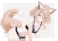 1girl animal_ear_fluff animal_ears black_bra black_panties blush border bra breasts cleavage closed_mouth commentary_request fox_ears fox_girl fox_shadow_puppet fox_tail hair_between_eyes kudamaki_tsukasa long_hair_between_eyes looking_at_viewer medium_breasts navel outside_border panties sarasadou_dan sensitive short_hair simple_background solo tail thighs touhou underwear underwear_only white_border // 1684x1191 // 1.1MB