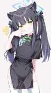 1girl animal_ears arm_behind_back black_dress black_hair blue_archive blue_halo blush commentary_request dress finger_in_own_mouth general green_eyes grin half-closed_eyes halo hand_up highres leaning_to_the_side long_hair looking_at_viewer partial_commentary pixiv_19098713 sabana shun_(blue_archive) shun_(small)_(blue_archive) smile solo standing thigh-highs thighhighs twintails シュン差分（通常、マイクロビキニ、裸） // 924x1672 // 926.7KB