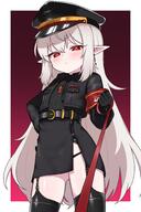 1 1girl 2025 2d_art absurdres armband bangs belt black_gloves black_hat black_jacket black_legwear black_panties black_shirt black_skirt black_thighhighs blush border closed_mouth collar collared_shirt commentary commission cowboy_shot cropped_jacket earrings elbow_gloves english_commentary female female_focus flat_chest garter_straps gloves gluteal_fold gradient_background hair_between_eyes hand_on_hip hat high-waist_skirt highres holding jacket jewelry leash legs legwear lingerie loli long_hair long_sleeves looking_at_viewer military military_hat military_jacket military_uniform miniskirt necklace open_clothes open_jacket original outside_border panties peaked_cap pencil_skirt pendant pixiv_136639689 pixiv_96781624 pocket pointy_ears r-18 red_armband red_background red_eyes request ribbed_shirt sensitive shirt sidelocks skirt solo standing thighhighs thighs underwear uniform user_pska2738 variant_set very_long_hair white_border white_hair zing zing_(z_z_zing) よその子 ロリ // 2000x3000 // 1.6MB