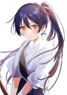 anime-pictures.net blue_hair blush fringe fuyuu310 girl hair_between_eyes hair_ribbon hakama japanese_clothes long_hair looking_at_viewer love_live! love_live!_school_idol_project ponytail ribbon_(ribbons) simple_background single sonoda_umi sunrise_(studio) tall_image traditional_clothes upper_body white_background yellow_eyes // 2894x4093 // 14.1MB