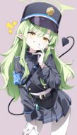 1girl belt blue_archive blue_jacket blue_skirt commentary_request demon_girl demon_tail general gloves green_hair hat highres hikari_(blue_archive) jacket long_hair looking_at_viewer open_mouth pantyhose partial_commentary pixiv_19098713 pointy_ears sabana sidelocks simple_background skirt smile solo standing tail very_long_hair white_gloves white_pantyhose yellow_eyes ヒカリ差分（通常、マイクロビキニ、裸） ブルアカ ブルーアーカイブ 橘ヒカリ // 923x1619 // 1.0MB