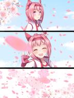 1girl animal_ears blue_sky blush bow cherry_blossoms cloud clouds ear_bow ear_covers fingerless_gloves flower-shaped_pupils flower_in_eye gloves hairband haru_urara_(bestest_prize)_(umamusume) haru_urara_(umamusume) headband highres horse_ears horse_girl jacket long_hair looking_at_viewer open_mouth parted_lips petals pink_eyes pink_hair pink_headband ponytail red_gloves sakaki_yana shirt sky smile symbol-shaped_pupils symbol_in_eye teeth umamusume upper_body upper_teeth_only white_jacket white_shirt // 1486x1986 // 223.5KB