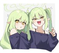 2girls bare_shoulders blue_archive blue_sweater border bra_strap collarbone cropped_torso flying_sweatdrops general green_hair grey_background halo hand_up hikari_(blue_archive) loah_66 long_hair long_sleeves looking_at_viewer multiple_girls nervous nozomi_(blue_archive) off-shoulder_sweater off_shoulder open_mouth outside_border siblings simple_background sisters sleeves_past_wrists smile sweat sweater twins twitter.com upper_body white_border yellow_eyes // 1640x1465 // 174.9KB