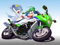 ahoge blue_eyes blue_hair braids collar_(animal) dress duo female green_hair inumimi inut-tan kemonomimi me-tan motorcycle os-tan paw_shoes paws personification ponytail saba_(mangaka) shoes tail two_girls // 1024x772 // 147.3KB