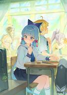 2boys 3girls <|>_<|> aether_(genshin_impact) ahoge alternate_costume anya's_heh_face_(meme) aranara_(genshin_impact) ayaka_(genshin_impact) bag bag_charm black_skirt blonde_hair blue_bow blue_eyes blue_hair blue_neckerchief blunt_bangs blunt_tresses blush book bow chair charm_(object) classroom clenched_hand cone_hair_bun contemporary curtains desk double_bun elbows_on_table embarrassed eraser flower general genshin_impact green_hair grin hair_between_eyes hair_bow hair_bun hair_flower hair_ornament hair_ribbon hand_on_own_chest head_rest holding holding_book holding_hands indoors kamisato_ayaka kamisato_ayaka_(heytea) keqing_(genshin_impact) kneehighs light_blue_hair long_hair long_sleeves looking_at_another lumine_(genshin_impact) meme mincho multiple_boys multiple_girls neckerchief official_alternate_costume pencil ponytail purple_hair questionable ribbon sailor_collar school_bag school_chair school_desk shirt short_hair short_hair_with_long_locks short_sleeves sitting skirt smile socks sweat tress_ribbon twintails very_long_hair white_flower white_sailor_collar white_shirt white_socks window xiao_(genshin_impact) yellow_eyes // 2433x3468 // 749.8KB